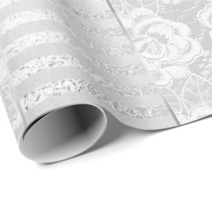 Royal Floral Roses Silver White Lace Stripes Wrapping Paper