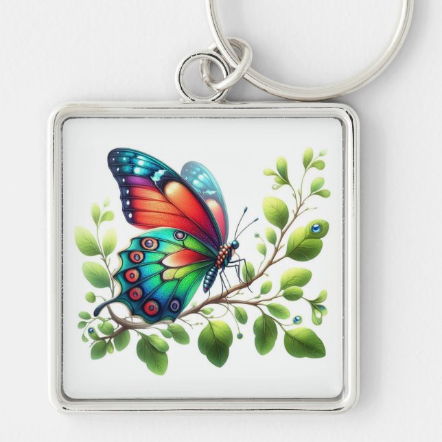 "Royal Flutter: Red and Blue Butterfly Keychain" Key Ring (Front)