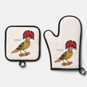 Royal flycatcher bird cartoon illustration oven mitt & pot holder set