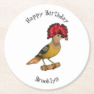 Royal flycatcher bird cartoon illustration round paper coaster