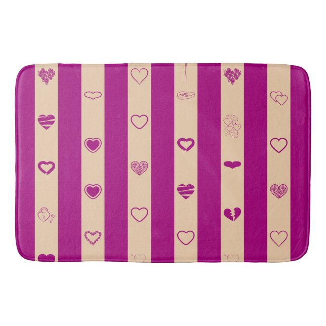Royal Fuchsia Stripes Modern Heart Pattern Bath Mat (Front)