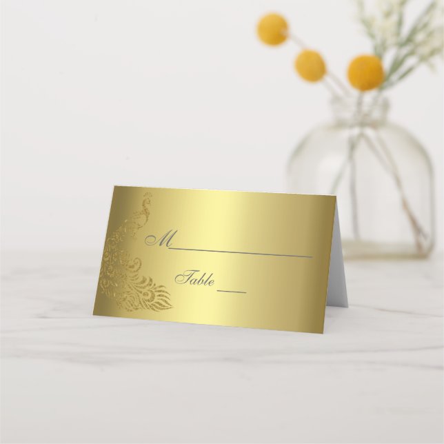 Royal Gold Abstract Peacock Wedding Place Card (Front)