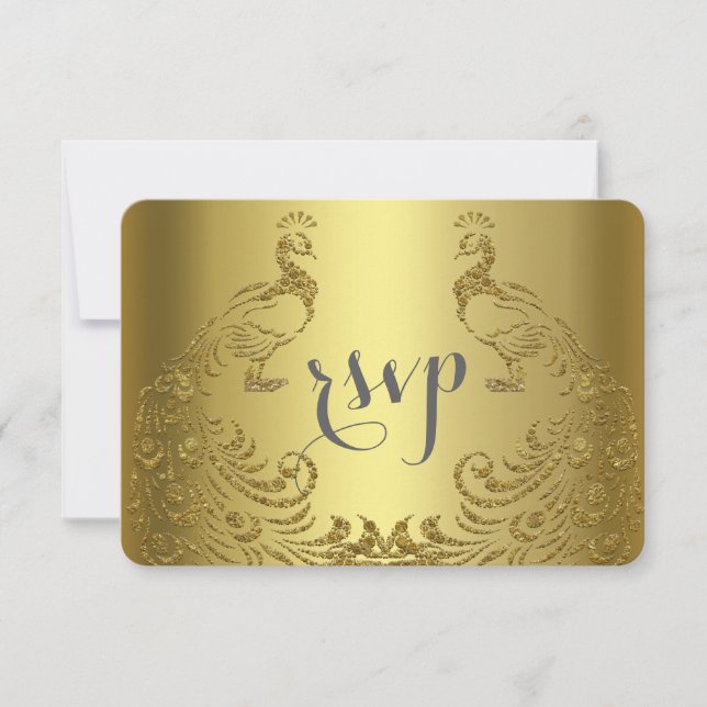 Royal Gold Abstract Peacock Wedding RSVP Card (Front)