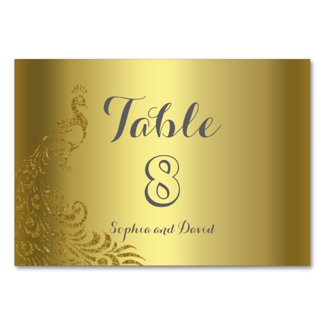 Royal Gold Abstract Peacock Wedding TABLE NUMBER (Front)
