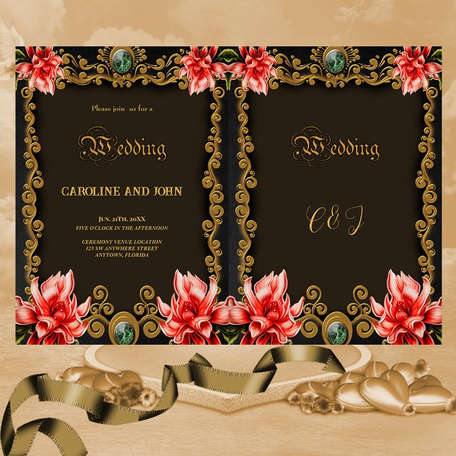 Royal gold and red floral design invitation (elegant golden floral design)