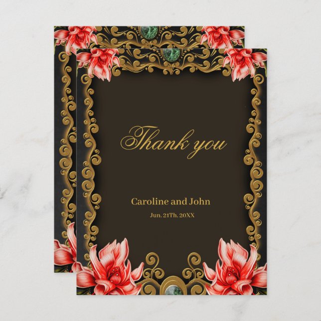 Royal gold and red floral design thank you card (Front/Back)