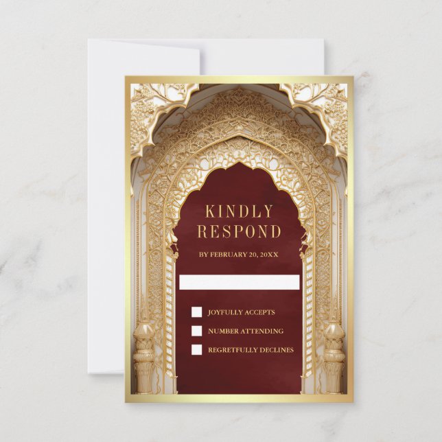 Royal Gold Arch Maroon Wedding RSVP Card (Front)