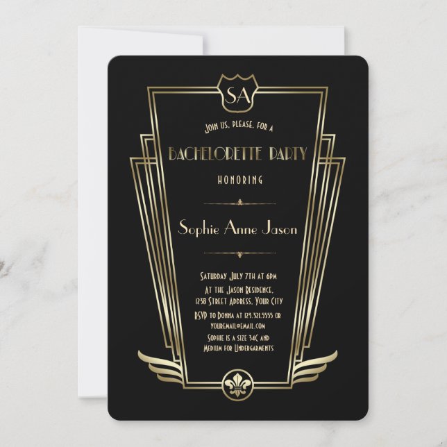 Royal Gold Art Deco Monogram Bachelorette Party Invitation (Front)