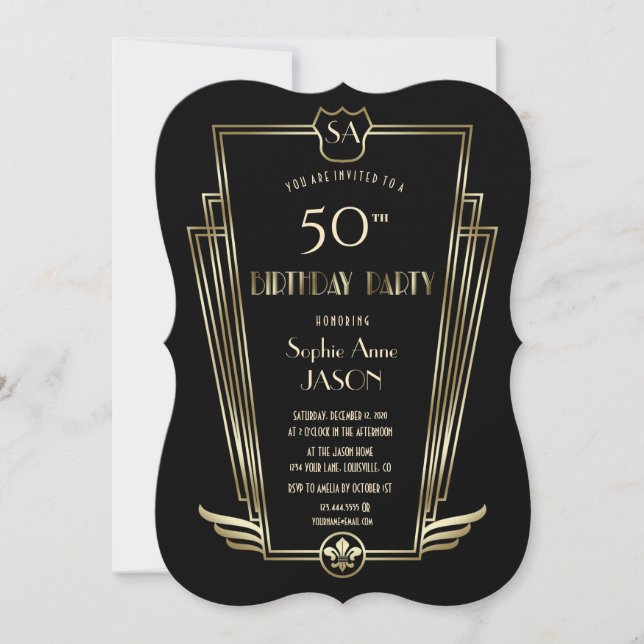 Royal Gold Art Deco Monogram Birthday Party Invitation (Front)