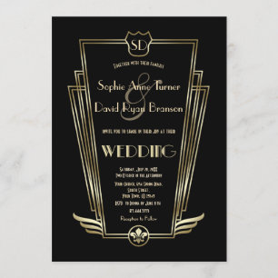 Royal Gold Art Deco Monogram Black Wedding Invite