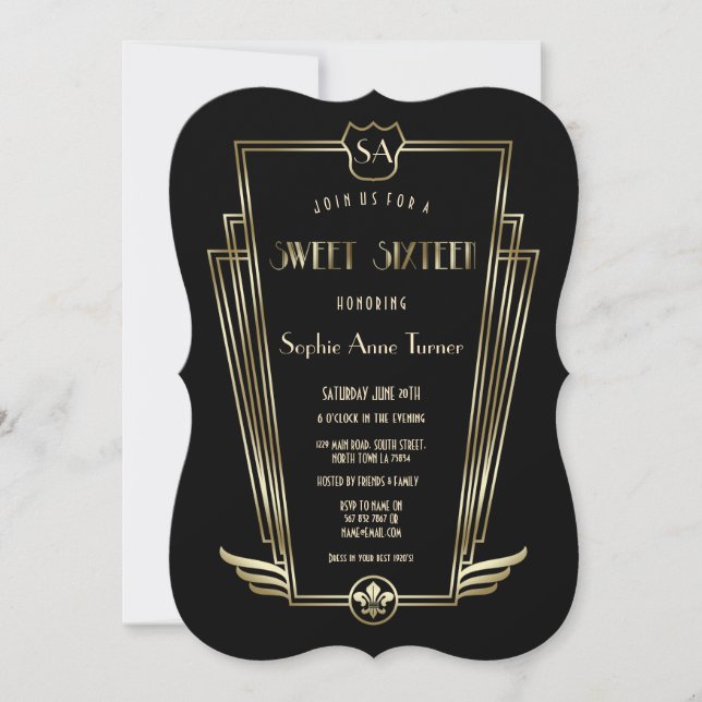 Royal Gold Art Deco Monogram SWEET 16 Invitation (Front)