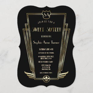 Royal Gold Art Deco Monogram SWEET 16 Invitation
