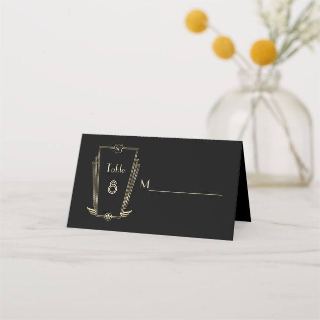 Royal Gold Art Deco Monogram Wedding Place Card (Front)