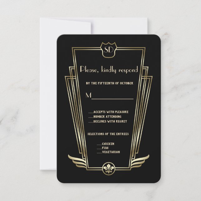Royal Gold Art Deco Monogram Wedding RSVP Card (Front)