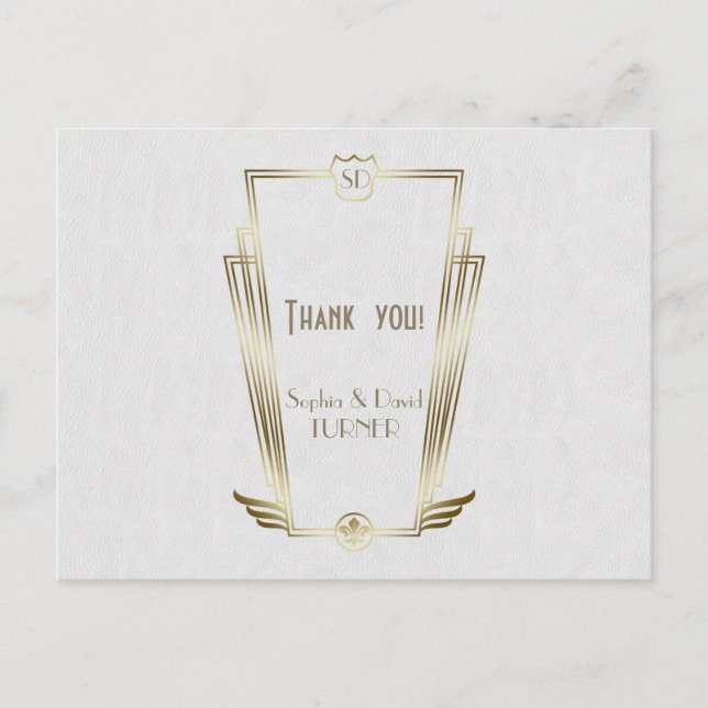 Royal Gold Art Deco Monogram Wedding Thank You Postcard (Front)