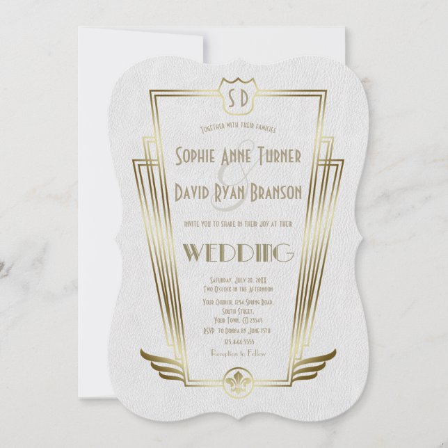 Royal Gold Art Deco Monogram White Wedding Invite (Front)