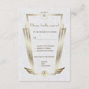 Royal Gold Art Deco Monogram White Wedding RSVP