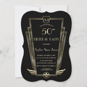 Royal Gold Black Art Deco Monogram Birthday Party Invitation