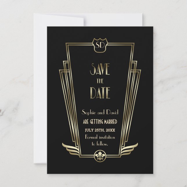 Royal Gold Black Art Deco Monogram Save The Date Invitation (Front)