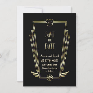 Royal Gold Black Art Deco Monogram Save The Date Invitation