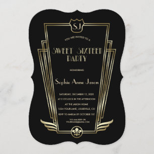 Royal Gold Black Art Deco Monogram Sweet 16 Invite