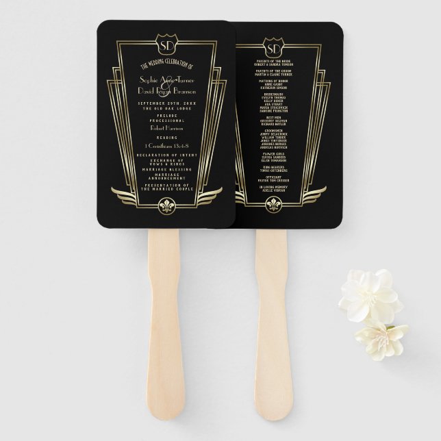Royal Gold Black Art Deco Monogram Wedding Program Hand Fan (Front and Back)