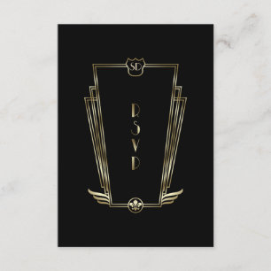 Royal Gold Black Art Deco Monogram Wedding RSVP