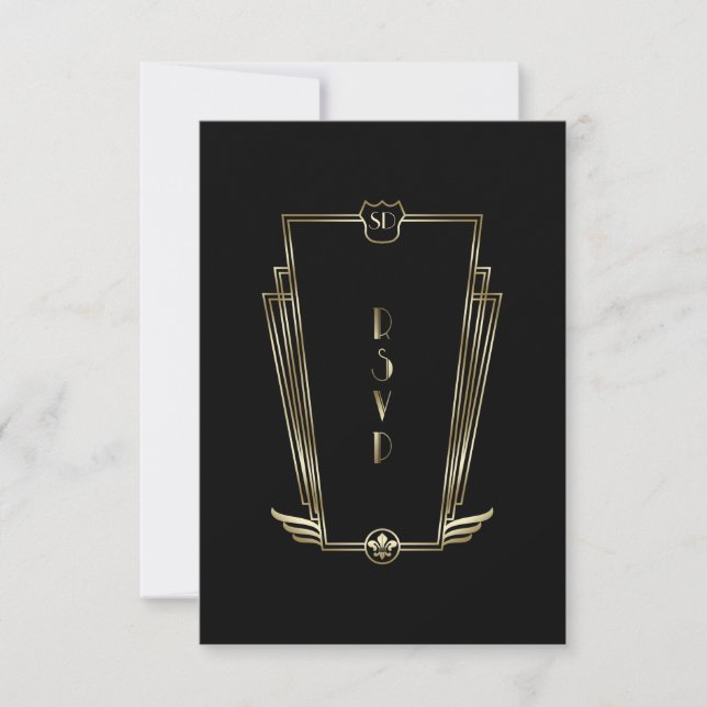 Royal Gold Black Art Deco Monogram Wedding RSVP Card (Front)
