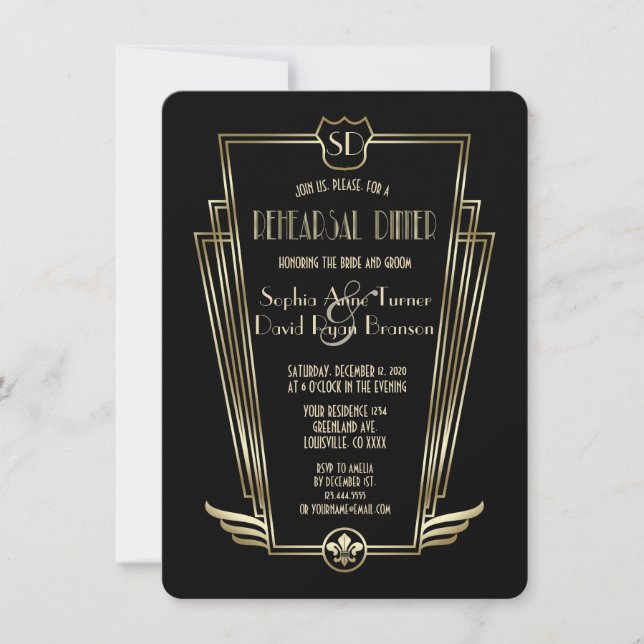 Royal Gold Black Art Deco Rehearsal Dinner Invitation (Front)