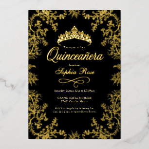 Royal Gold Black Crown Floral Quinceanera 