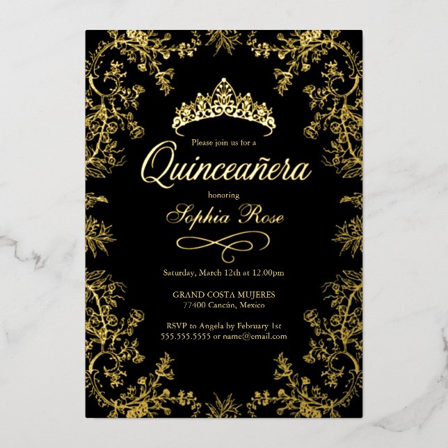 Royal Gold Black Crown Floral Quinceanera  (Front)