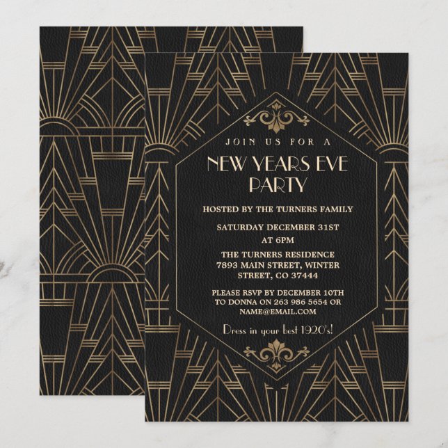 Royal Gold Black Great Gatsby 1920s New Year Party Invitation (Front/Back)