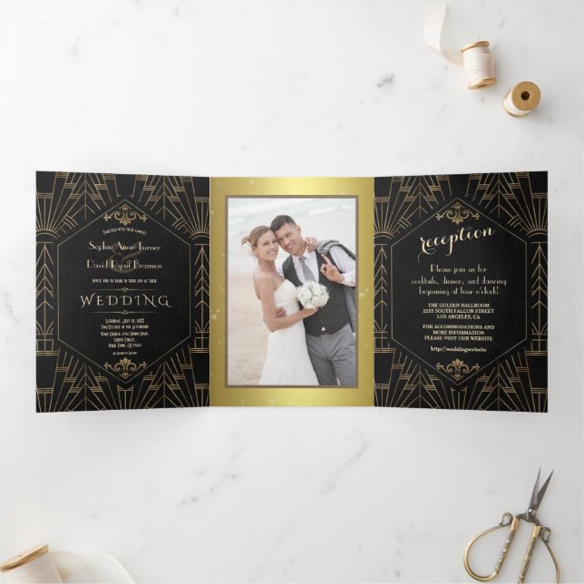 Royal Gold Black Great Gatsby 1920s Wedding Tri-Fold Invitation (Inside)