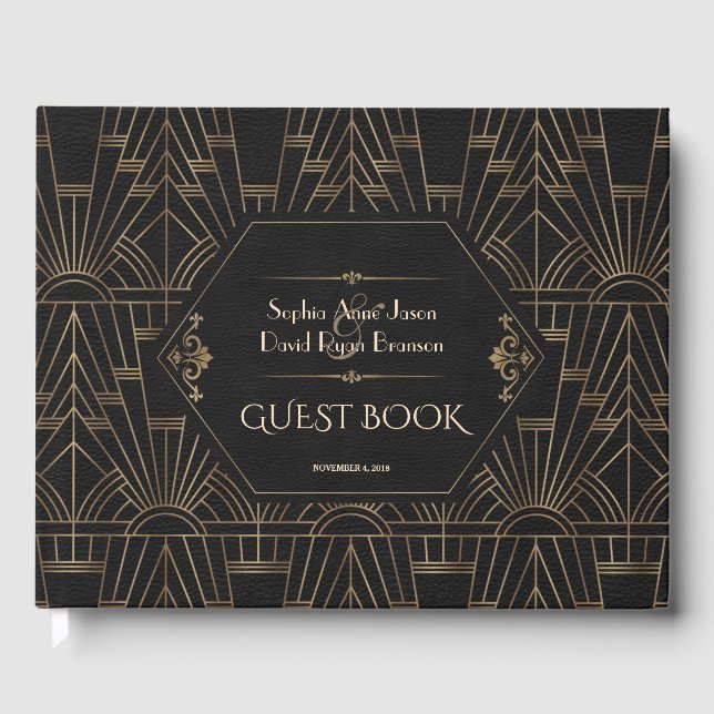 Royal Gold Black Great Gatsby 20s Wedding Planner Guest Book (Front)