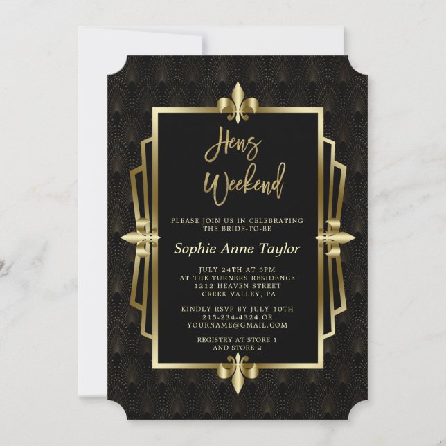 Royal Gold Black Great Gatsby Bachelorette Weekend Invitation (Front)