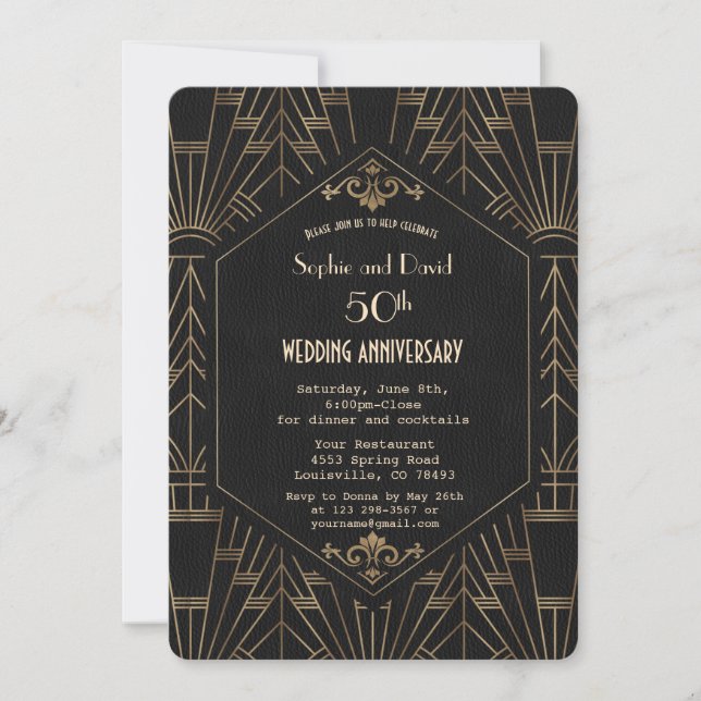 Royal Gold Black Great Gatsby  Wedding Anniversary Invitation (Front)