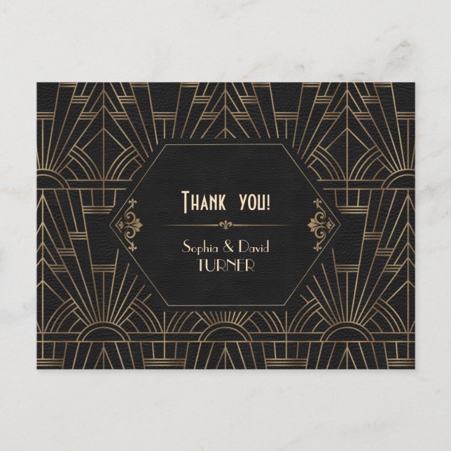 Royal Gold Black Great Gatsby Wedding Thank You Postcard (Front)
