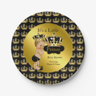 Royal Gold Black Prince Crown Baby Shower Blonde Paper Plate