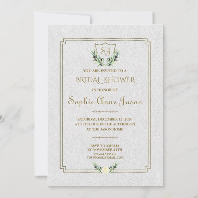 Royal Gold Crest Greenery Floral Bridal Shower Invitation (Front)