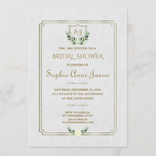 Royal Gold Crest Greenery Floral Bridal Shower Invitation