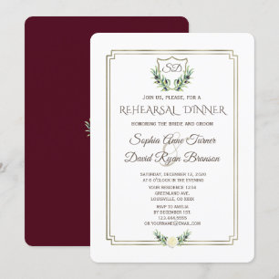Royal Gold Crest Laurel Wreath Rehearsal Dinner Invitation