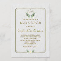 Royal Gold Crest Lush Greenery Baby Shower Invite