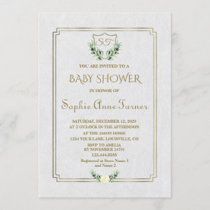 Royal Gold Crest Lush Greenery Baby Shower Invite