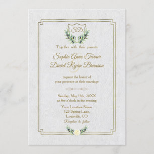 Royal Gold Crest Lush Greenery Monogram Wedding Invitation