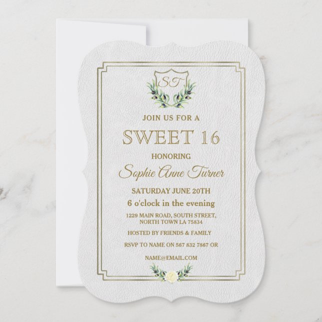 Royal Gold Crest Lush Greenery SWEET 16 Invite (Front)