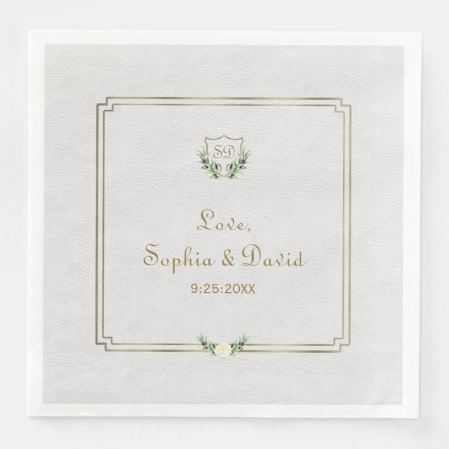 Royal Gold Crest Lush Greenery Wedding Napkin (Front)