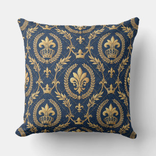 Royal Gold Crown Blue Velvet Luxury Damask Pattern Cushion