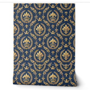 Royal Gold Crown Blue Velvet Luxury Damask Pattern Wallpaper