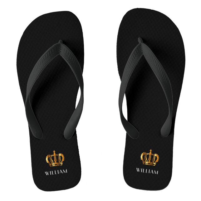Royal Gold Crown Customised Name Black Flip Flops (Footbed)
