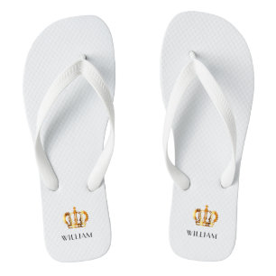 Royal Gold Crown Customised Name White Flip Flops
